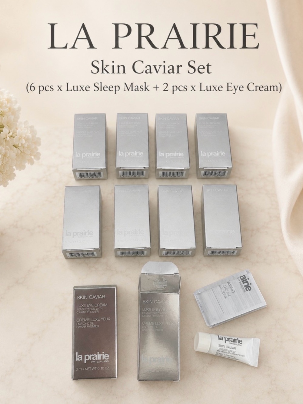 8 pc pcs New Authentic Set La Prairie Skin Caviar Eye Cream and Masks Set